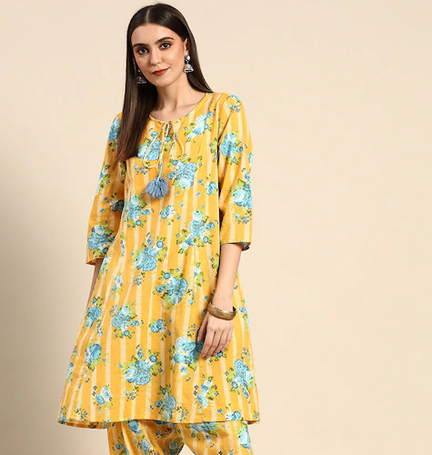 Women Yellow & Blue Floral Printed Panelled Pure Cotton Kurta with Salwar